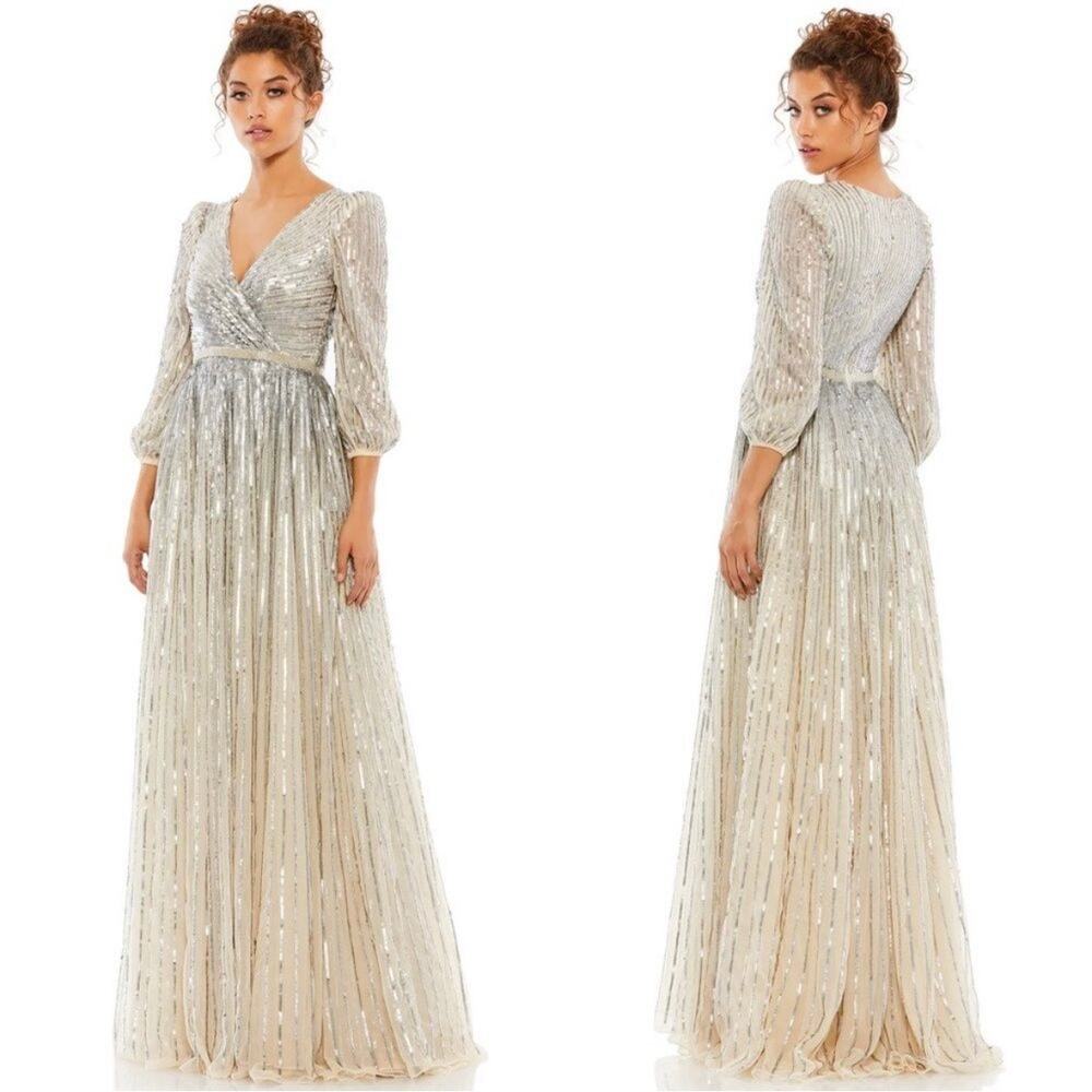 NEW Mac Duggal Sequined Wrap Over 3/4 Sleeve Gown
